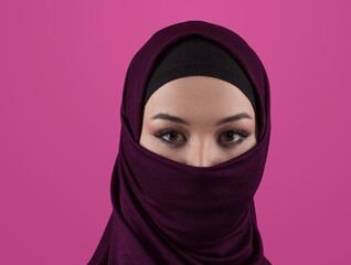 Modern Muslim woman wearing stylish hijab casual wear isolated on pink background. Diverse people model hijab fashion concept. - 781030468