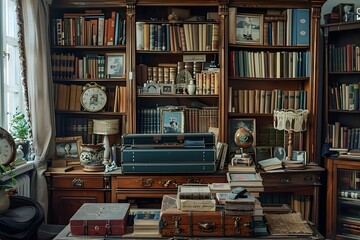 Antique and Vintage Collection Adorning the Cozy Library-Like Living Room Interior - obrazy, fototapety, plakaty