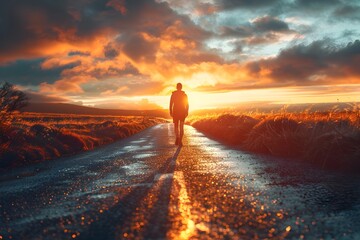 Lone Traveler on a Path of Motivation and Self-Discovery at Vibrant Sunset - obrazy, fototapety, plakaty