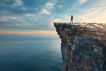 Confidence Conquers the Horizon:A Solitary Figure Stands Atop a Rugged Cliff,Embracing the Thrill of New Challenges - obrazy, fototapety, plakaty