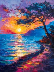 Abstract oil painting of a paradise beach at sunset, vibrant summer colors with palette knife, on a colorful background, dramatic lighting