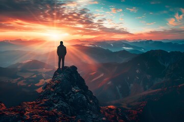 A lone figure stands atop a majestic mountain,embracing the breathtaking sunset and the challenges that brought them here - obrazy, fototapety, plakaty