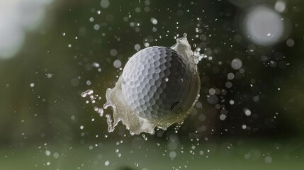 A golf ball suspended in mid-air after being struck by a driver, capturing the moment of impact.