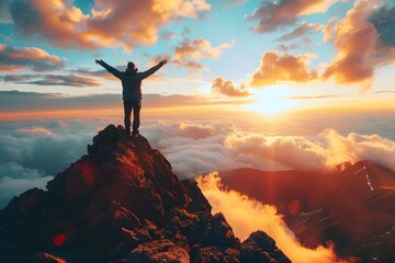 Belief and Perseverance Guide the Journey to Triumph and Fulfillment on the Mountaintop of Success - obrazy, fototapety, plakaty