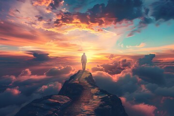 Silhouetted Figure Stands Atop Clouds Amid Stunning Sunset Skies,Symbolizing Triumph