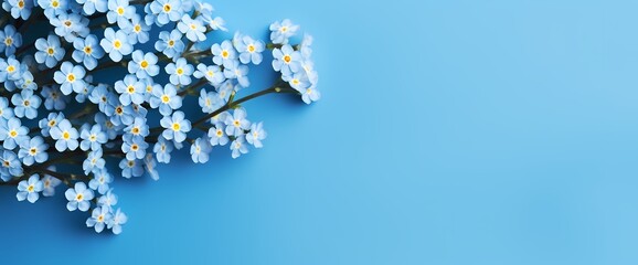 A serene view from above of a cluster of forget-me-not flowers against a simple, colorful...