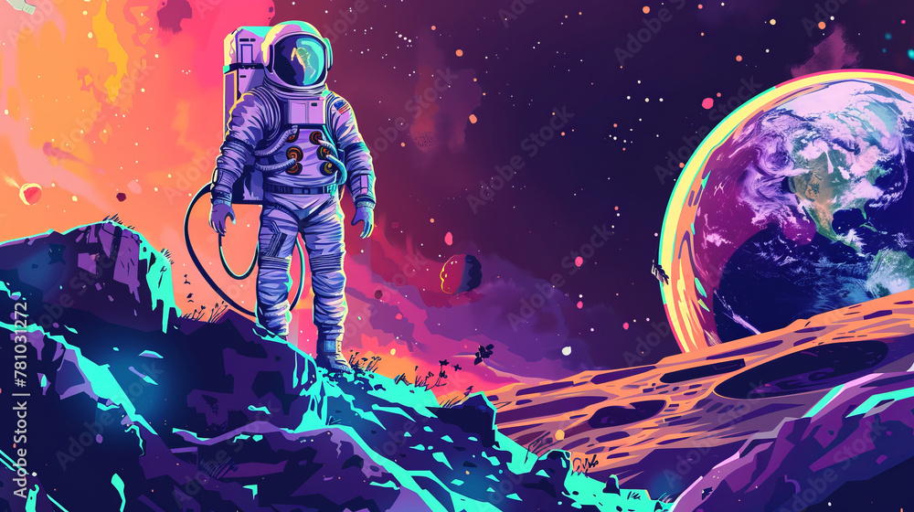 Poster a man in a spacesuit stands on a rocky surface looking up at a planet