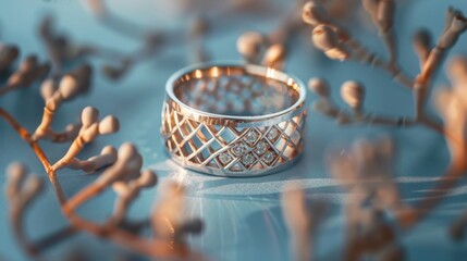 Elegant 925 sterling silver ring design on a soft backdrop. A luxurious and intricately designed ring stands out against a creamy, soft background, bathed in gentle light