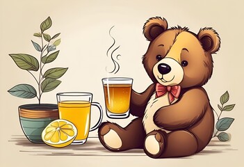sick teddy bear with red bow with cup of hot tea and lemon, get well soon
