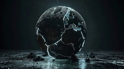 Visualization of a darkened globe with neon cracks representing the breaking point of environmental degradation,