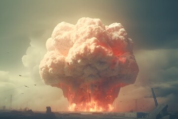 Terrifying Nuclear Explosion in Futuristic Dark Sci-Fi Landscape with Ominous Mushroom Cloud and Raging Flames - obrazy, fototapety, plakaty