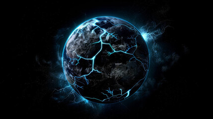Visualization of a darkened globe with neon cracks representing the breaking point of environmental degradation,