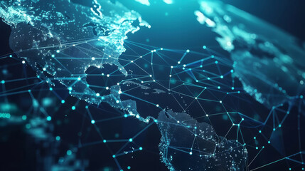Obraz premium Visualization of a global blockchain network, with digital connections spanning across continents,