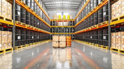 Warehouse of barrels with fuel and lubricants. A barrels with a warning label, emphasizing the importance of safety precautions when handling flammable substances. - obrazy, fototapety, plakaty