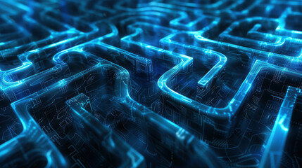 Visualization of encrypted data in motion, with secure blue streams navigating through a digital maze,