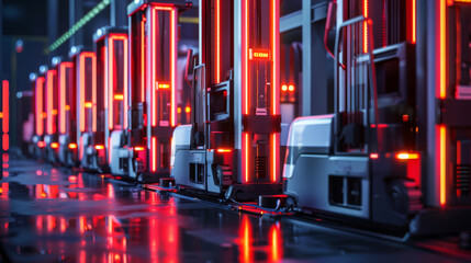 Visualization of energy-efficient, electric AI forklifts charging at their docking stations,