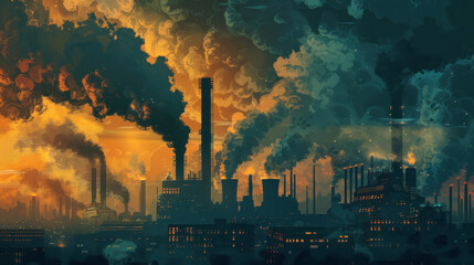 Obraz premium Visualization of energy consumption, with dark clouds emanating from power plants and urban centers,