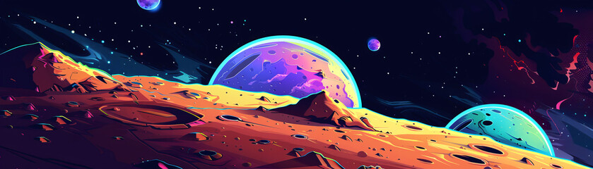 A colorful space scene with three planets and a rocky surface - obrazy, fototapety, plakaty