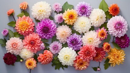 A serene top view of an assortment of dahlias with a plain backdrop, perfect for adding your message.