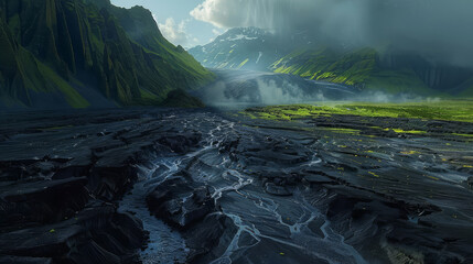 Visualization of humanity's footprint, a dark shadow cast over natural wonders, eroding their majesty,