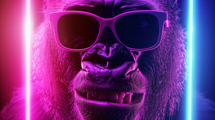 Rapper Gorilla in Black Glasses amidst Blue and Pink Laser Backdrop