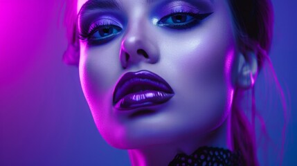 Woman with striking purple makeup and choker - obrazy, fototapety, plakaty