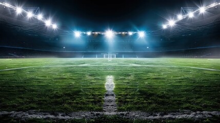 A football stadium illuminated by the glow of floodlights at night, creating a dramatic atmosphere. 