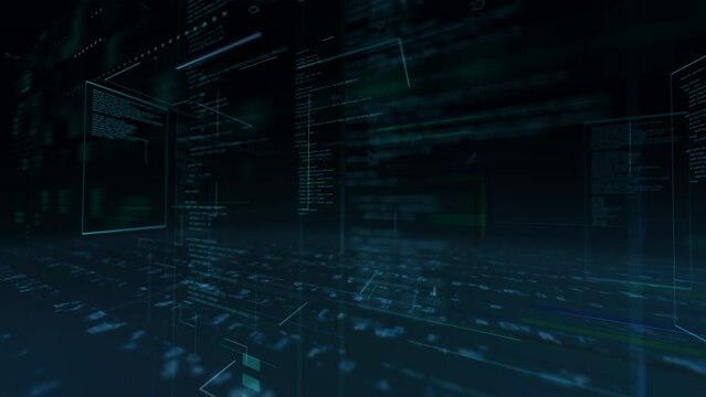 仮想空間でコードを実行する未来的なインターフェイス アニメーション。
抽象的なデジタル背景。
