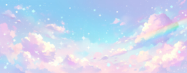 A pastel pink, blue and purple sky with white clouds and stars. A cute background for the sky in a light color palette. Pastels. There are pastel fluffy clouds scattered across it. 