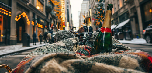 A glass of champagne to salute to the beauty of the occasion and the love shared between two hearts, and a blanket to curl up under during a romantic horse-drawn carriage ride through the city streets - obrazy, fototapety, plakaty