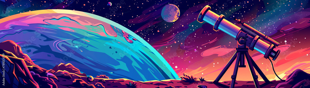 Poster a colorful space scene with a telescope on a tripod