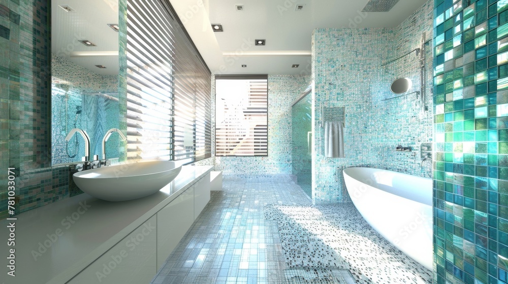 Poster in the bathroom a mosaic pattern of recycled glass tiles lines the walls of the shower creating a be