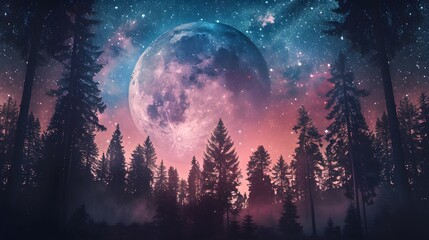 Fototapeta na wymiar Celestial Moonrise Over Forest