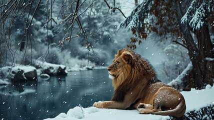 lion in the snow - obrazy, fototapety, plakaty