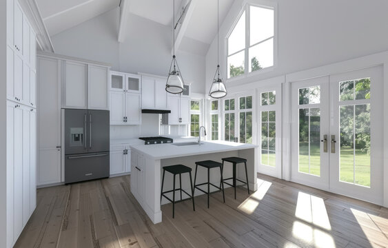 A photo of a large white kitchen with an island in a modern farmhouse style and architecture. The open concept design features big windows on the right side showing an outside view with natural light