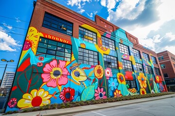 A building showcasing a vibrant and colorful mural on its side, adding a splash of art to the urban...