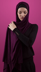 Modern Muslim woman wearing stylish hijab casual wear isolated on pink background. Diverse people model hijab fashion concept. - 781033631