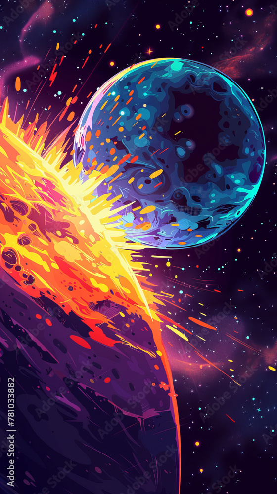 Poster a colorful painting of a planet with a large explosion in the background