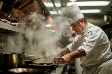 A man in a chefs hat is cooking in a kitchen, focused on his culinary tasks
