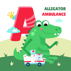 Letter A. Alphabet, card with cute cartoon style characters. Alligator and ambulance. ABC. Education for children. Preschool activity. Vector illustration.