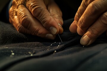 Close-up shot of a tailors hands sewing on a piece of cloth - obrazy, fototapety, plakaty