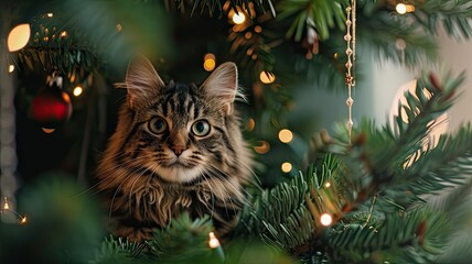 cat and christmas tree