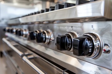 A close-up detail shot of a stainless steel oven featuring various knobs and controls for setting temperature and functions - obrazy, fototapety, plakaty