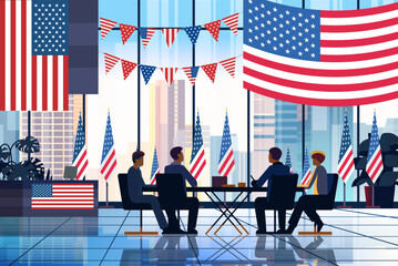 election day concept observers team counting results at round table modern office interior with USA flags horizontal