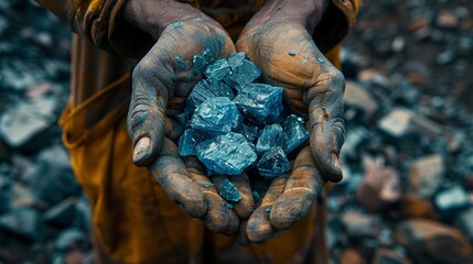 Close shot of a miner hand holding a piece of raw cobalt with a blurry backdrop and space for text or product, Generative AI.