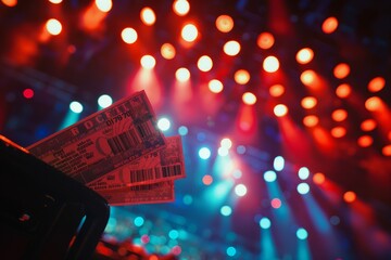Two tickets placed on top of a chair, set against a backdrop of concert lights