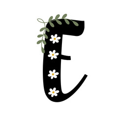 Font a-z, flower theme, 'E' isolated on white background