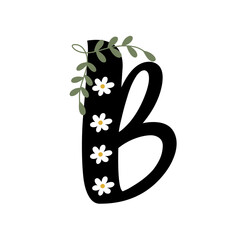 Font a-z, flower theme, 'B' isolated on white background