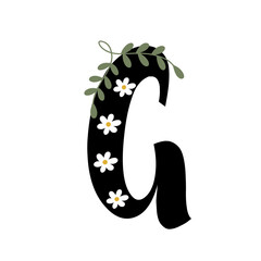 Font a-z, flower theme, 'G' isolated on white background
