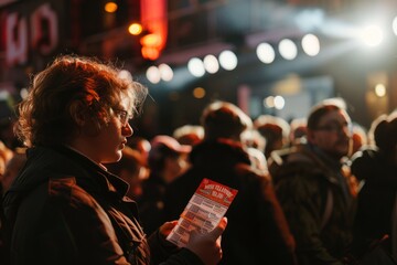 A woman stands out in a crowded space, clutching onto a ticket among many people